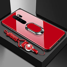 Silikon Schutzhülle Rahmen Tasche Hülle Spiegel mit Magnetisch Fingerring Ständer für Xiaomi Redmi Note 8 Pro Rot