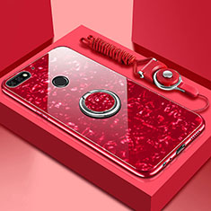 Silikon Schutzhülle Rahmen Tasche Hülle Spiegel mit Magnetisch Fingerring Ständer M01 für Huawei Honor 7A Rot