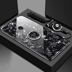 Silikon Schutzhülle Rahmen Tasche Hülle Spiegel mit Magnetisch Fingerring Ständer M01 für Huawei Y6 Prime (2018) Schwarz
