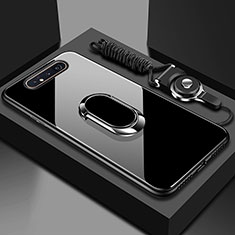 Silikon Schutzhülle Rahmen Tasche Hülle Spiegel mit Magnetisch Fingerring Ständer T01 für Samsung Galaxy A80 Schwarz