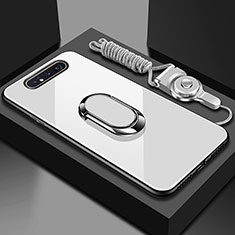 Silikon Schutzhülle Rahmen Tasche Hülle Spiegel mit Magnetisch Fingerring Ständer T01 für Samsung Galaxy A80 Weiß