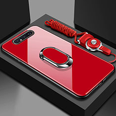 Silikon Schutzhülle Rahmen Tasche Hülle Spiegel mit Magnetisch Fingerring Ständer T01 für Samsung Galaxy A90 4G Rot