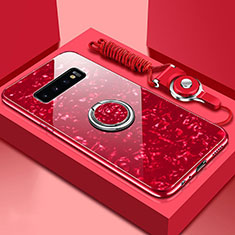 Silikon Schutzhülle Rahmen Tasche Hülle Spiegel mit Magnetisch Fingerring Ständer T01 für Samsung Galaxy S10 5G Rot