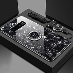 Silikon Schutzhülle Rahmen Tasche Hülle Spiegel mit Magnetisch Fingerring Ständer T01 für Samsung Galaxy S10 Plus Schwarz