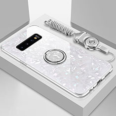 Silikon Schutzhülle Rahmen Tasche Hülle Spiegel mit Magnetisch Fingerring Ständer T01 für Samsung Galaxy S10 Plus Weiß