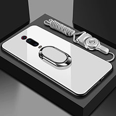 Silikon Schutzhülle Rahmen Tasche Hülle Spiegel mit Magnetisch Fingerring Ständer T01 für Xiaomi Mi 9T Pro Weiß