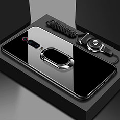 Silikon Schutzhülle Rahmen Tasche Hülle Spiegel mit Magnetisch Fingerring Ständer T01 für Xiaomi Mi 9T Schwarz