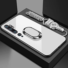Silikon Schutzhülle Rahmen Tasche Hülle Spiegel mit Magnetisch Fingerring Ständer T01 für Xiaomi Mi Note 10 Pro Weiß