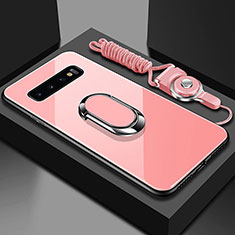 Silikon Schutzhülle Rahmen Tasche Hülle Spiegel mit Magnetisch Fingerring Ständer T02 für Samsung Galaxy S10 Plus Rosa