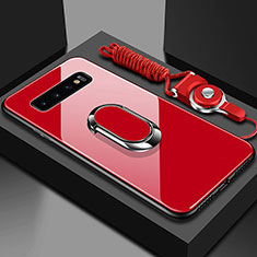 Silikon Schutzhülle Rahmen Tasche Hülle Spiegel mit Magnetisch Fingerring Ständer T02 für Samsung Galaxy S10 Plus Rot