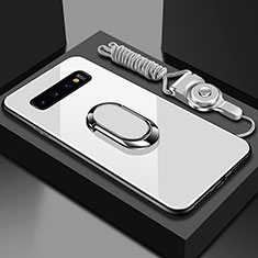 Silikon Schutzhülle Rahmen Tasche Hülle Spiegel mit Magnetisch Fingerring Ständer T02 für Samsung Galaxy S10 Plus Weiß