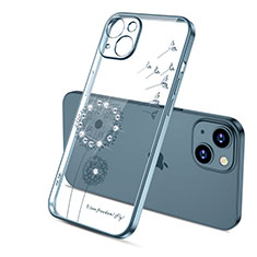 Silikon Schutzhülle Ultra Dünn Tasche Durchsichtig Transparent Blumen für Apple iPhone 14 Blau