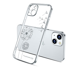 Silikon Schutzhülle Ultra Dünn Tasche Durchsichtig Transparent Blumen für Apple iPhone 14 Silber
