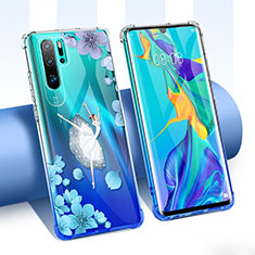 Silikon Schutzhülle Ultra Dünn Tasche Durchsichtig Transparent Blumen T02 für Huawei P30 Pro Blau