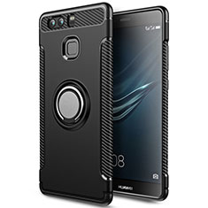 Silikon Schutzhülle und Kunststoff Tasche mit Fingerring Ständer für Huawei P9 Plus Schwarz