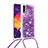 Silikon Hülle Handyhülle Gummi Schutzhülle Flexible Tasche Bling-Bling mit Schlüsselband Lanyard S03 für Samsung Galaxy A30S Violett