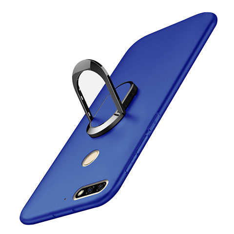 Handyhülle Hülle Kunststoff Schutzhülle Tasche Matt mit Fingerring Ständer A01 für Huawei Y7 (2018) Blau
