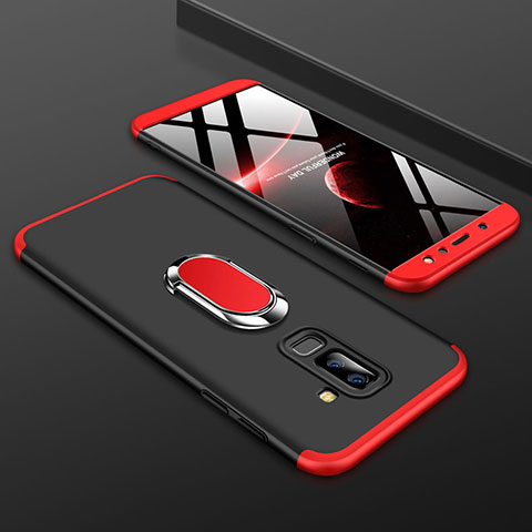 Handyhülle Hülle Kunststoff Schutzhülle Tasche Matt Vorder und Rückseite 360 Grad mit Fingerring Ständer für Samsung Galaxy A6 Plus Rot und Schwarz