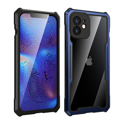 Handyhülle Hülle Luxus Aluminium Metall Rahmen Spiegel 360 Grad Ganzkörper Tasche für Apple iPhone 12 Blau und Schwarz