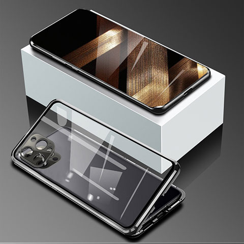 Handyhülle Hülle Luxus Aluminium Metall Rahmen Spiegel 360 Grad Ganzkörper Tasche für Apple iPhone 14 Pro Max Schwarz