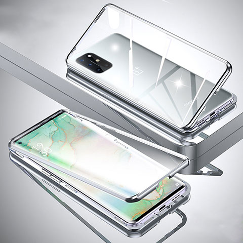 Handyhülle Hülle Luxus Aluminium Metall Rahmen Spiegel 360 Grad Ganzkörper Tasche für OnePlus 8T 5G Silber