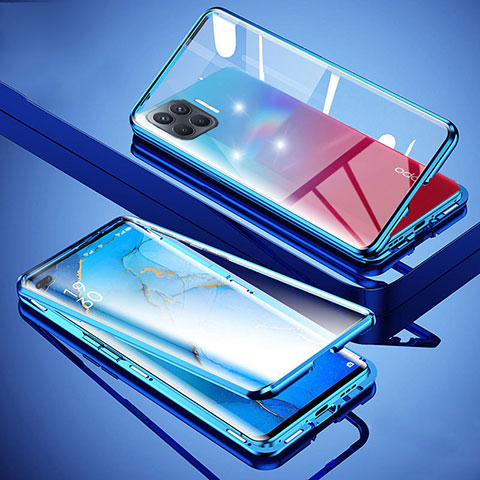 Handyhülle Hülle Luxus Aluminium Metall Rahmen Spiegel 360 Grad Ganzkörper Tasche für Oppo F17 Pro Blau