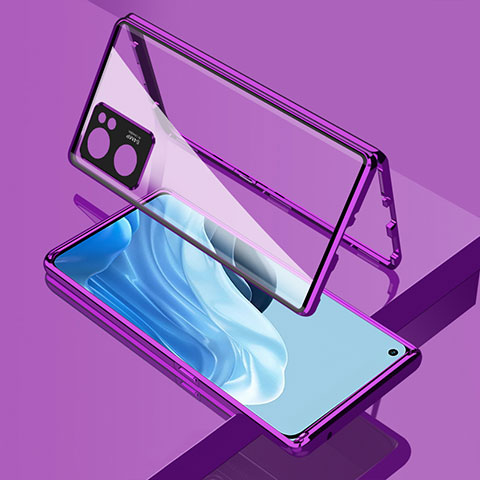 Handyhülle Hülle Luxus Aluminium Metall Rahmen Spiegel 360 Grad Ganzkörper Tasche für Oppo Reno7 SE 5G Violett
