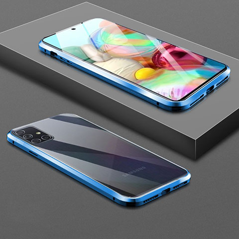 Handyhülle Hülle Luxus Aluminium Metall Rahmen Spiegel 360 Grad Ganzkörper Tasche für Samsung Galaxy A51 5G Blau