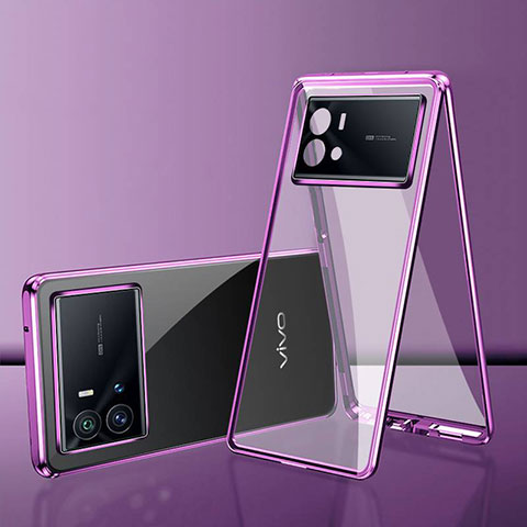 Handyhülle Hülle Luxus Aluminium Metall Rahmen Spiegel 360 Grad Ganzkörper Tasche für Vivo iQOO 9 5G Violett