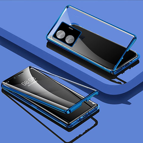 Handyhülle Hülle Luxus Aluminium Metall Rahmen Spiegel 360 Grad Ganzkörper Tasche für Vivo iQOO Z6 Pro 5G Blau