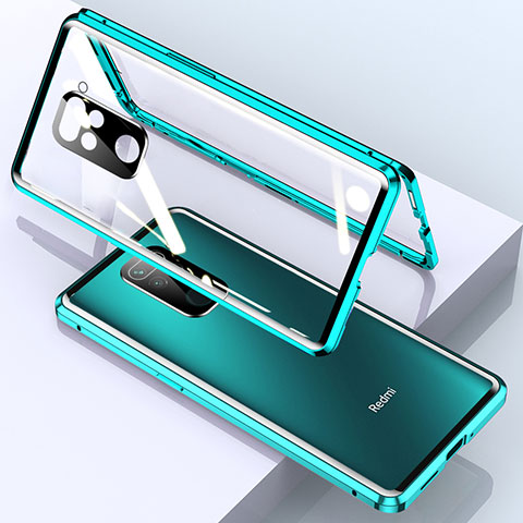 Handyhülle Hülle Luxus Aluminium Metall Rahmen Spiegel 360 Grad Ganzkörper Tasche für Xiaomi Redmi Note 9 Cyan