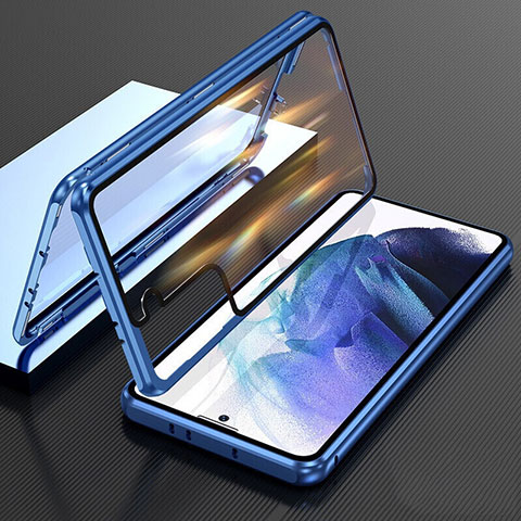 Handyhülle Hülle Luxus Aluminium Metall Rahmen Spiegel 360 Grad Ganzkörper Tasche M01 für Samsung Galaxy S21 Plus 5G Blau