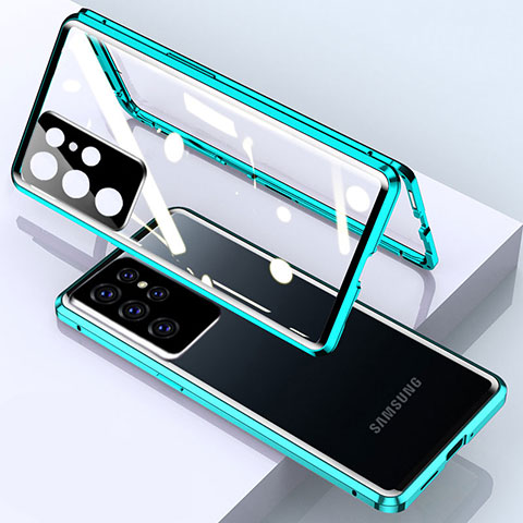 Handyhülle Hülle Luxus Aluminium Metall Rahmen Spiegel 360 Grad Ganzkörper Tasche M01 für Samsung Galaxy S21 Ultra 5G Grün