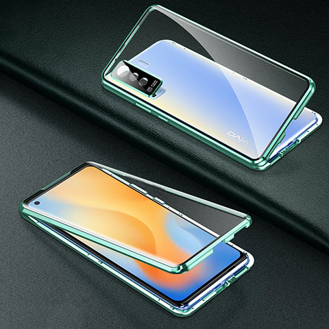 Handyhülle Hülle Luxus Aluminium Metall Rahmen Spiegel 360 Grad Ganzkörper Tasche M01 für Vivo X50 5G Grün