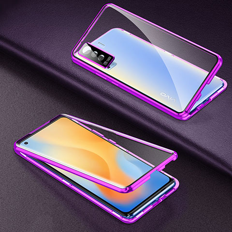 Handyhülle Hülle Luxus Aluminium Metall Rahmen Spiegel 360 Grad Ganzkörper Tasche M01 für Vivo X50 5G Violett