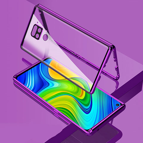 Handyhülle Hülle Luxus Aluminium Metall Rahmen Spiegel 360 Grad Ganzkörper Tasche M02 für Xiaomi Redmi Note 9 Violett