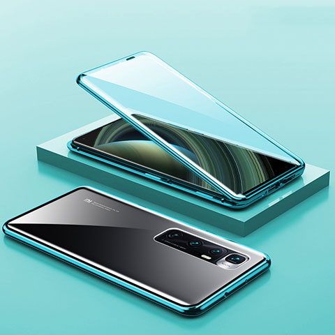 Handyhülle Hülle Luxus Aluminium Metall Rahmen Spiegel 360 Grad Ganzkörper Tasche M03 für Xiaomi Mi 10 Ultra Cyan