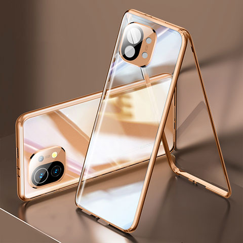 Handyhülle Hülle Luxus Aluminium Metall Rahmen Spiegel 360 Grad Ganzkörper Tasche M03 für Xiaomi Mi 11 5G Gold