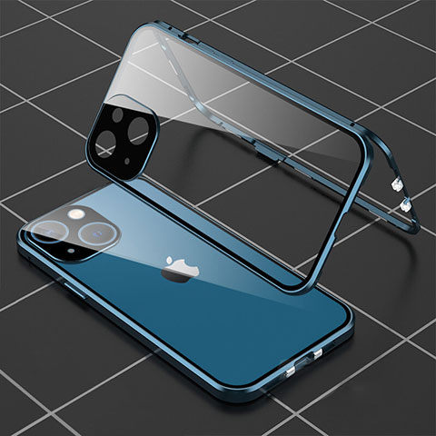 Handyhülle Hülle Luxus Aluminium Metall Rahmen Spiegel 360 Grad Ganzkörper Tasche M04 für Apple iPhone 13 Blau