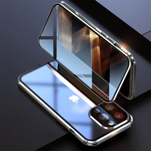 Handyhülle Hülle Luxus Aluminium Metall Rahmen Spiegel 360 Grad Ganzkörper Tasche M08 für Apple iPhone 14 Pro Max Silber