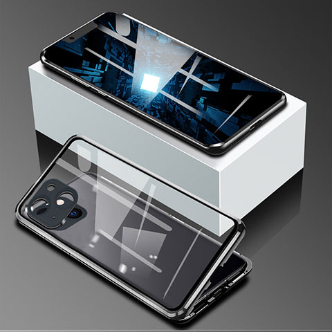 Handyhülle Hülle Luxus Aluminium Metall Rahmen Spiegel 360 Grad Ganzkörper Tasche M09 für Apple iPhone 13 Mini Schwarz