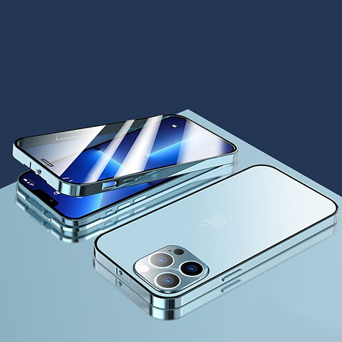 Handyhülle Hülle Luxus Aluminium Metall Rahmen Spiegel 360 Grad Ganzkörper Tasche M10 für Apple iPhone 13 Pro Blau