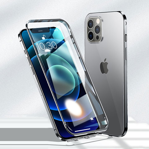 Handyhülle Hülle Luxus Aluminium Metall Rahmen Spiegel 360 Grad Ganzkörper Tasche N01 für Apple iPhone 12 Pro Schwarz
