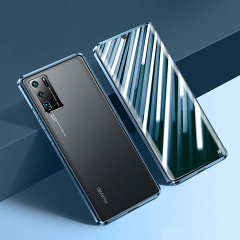 Handyhülle Hülle Luxus Aluminium Metall Rahmen Spiegel 360 Grad Ganzkörper Tasche N01 für Huawei P30 Pro Blau