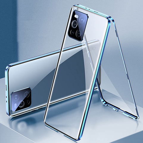 Handyhülle Hülle Luxus Aluminium Metall Rahmen Spiegel 360 Grad Ganzkörper Tasche P01 für Oppo Find X3 5G Blau