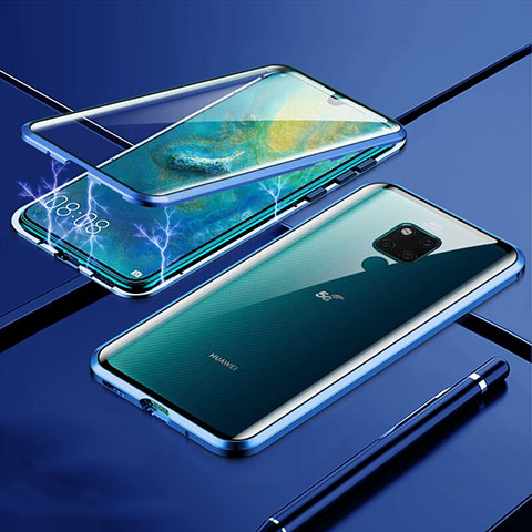 Handyhülle Hülle Luxus Aluminium Metall Rahmen Spiegel 360 Grad Ganzkörper Tasche T01 für Huawei Mate 20 X 5G Blau