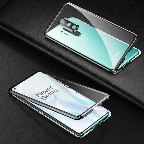Handyhülle Hülle Luxus Aluminium Metall Rahmen Spiegel 360 Grad Ganzkörper Tasche T01 für OnePlus 8 Pro Schwarz
