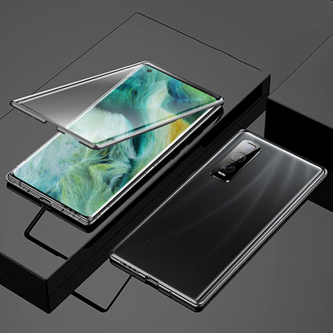 Handyhülle Hülle Luxus Aluminium Metall Rahmen Spiegel 360 Grad Ganzkörper Tasche T01 für Oppo Find X2 Pro Schwarz