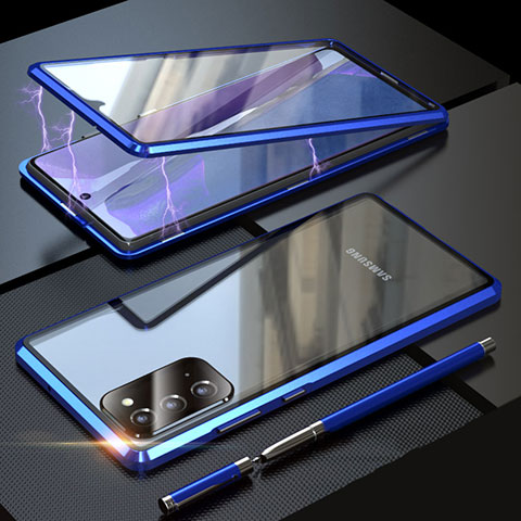 Handyhülle Hülle Luxus Aluminium Metall Rahmen Spiegel 360 Grad Ganzkörper Tasche T01 für Samsung Galaxy Note 20 5G Blau