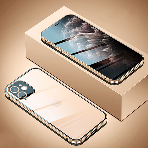 Handyhülle Hülle Luxus Aluminium Metall Rahmen Spiegel 360 Grad Ganzkörper Tasche T02 für Apple iPhone 12 Mini Gold